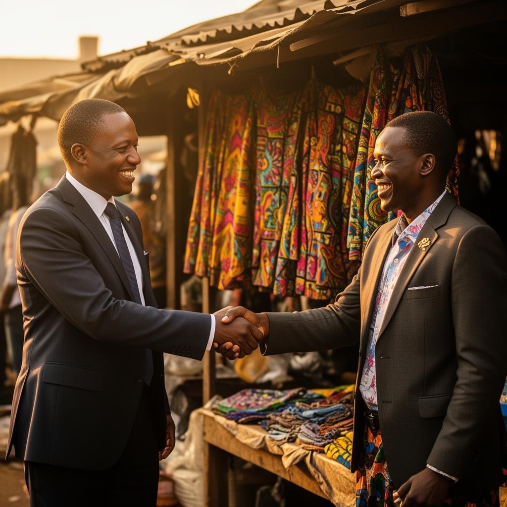 A Kenyan banker and a Gikomba market trader shaking hands warmly in front of a vibrant cloth stall