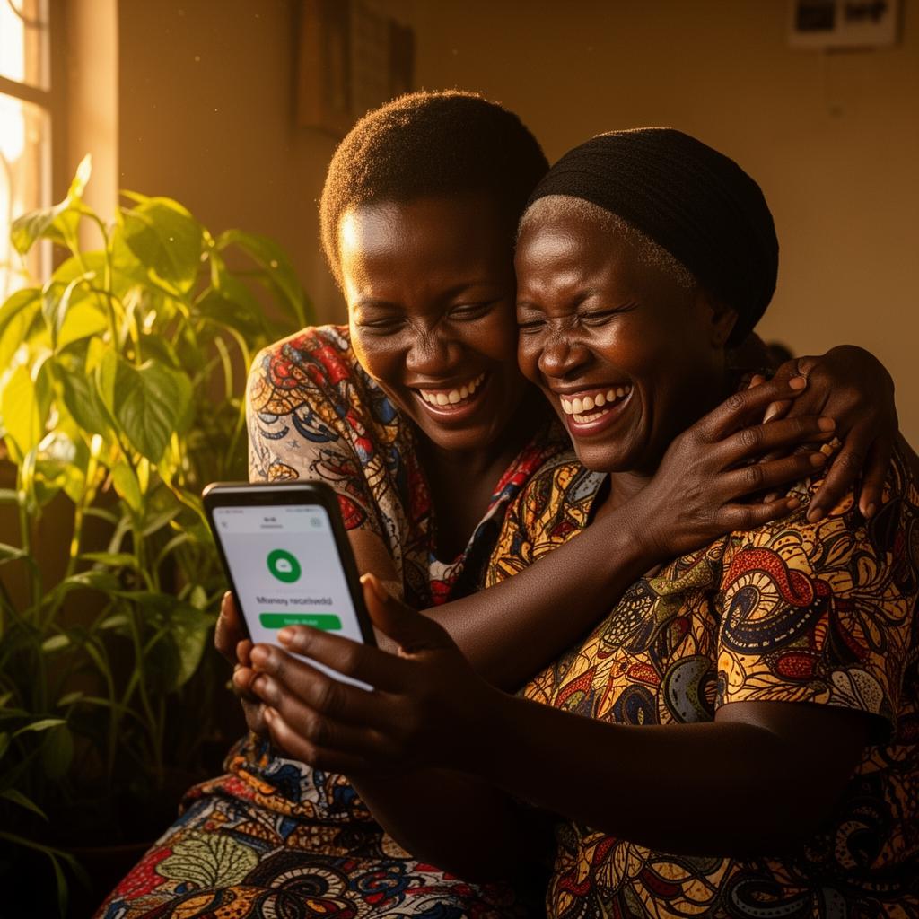 A Kenyan mother and grandmother hugging and laughing as they look at a money received notification on a phone
