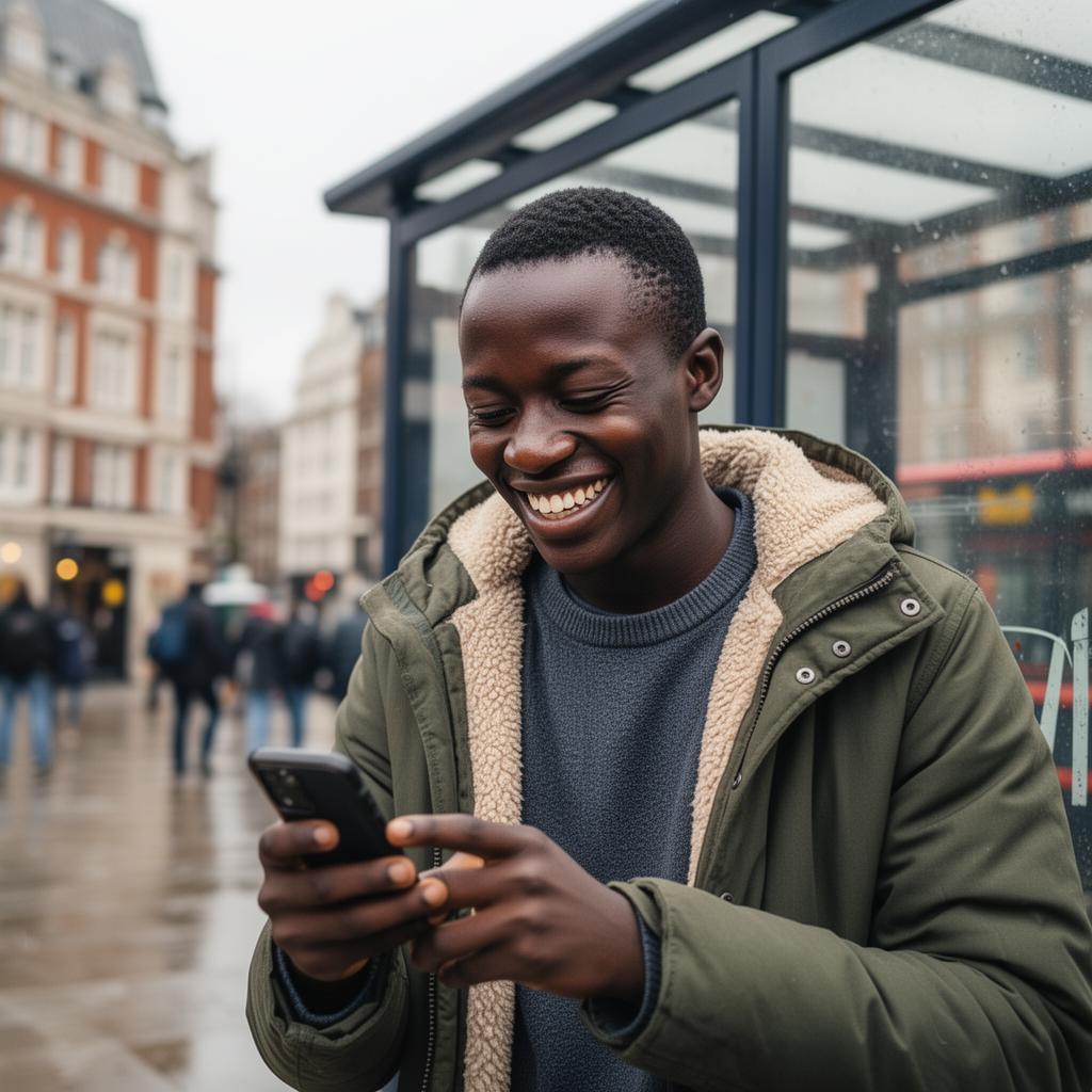 Kamau, a young Kenyan man at a London bus stop, smiling warmly while looking at his phone