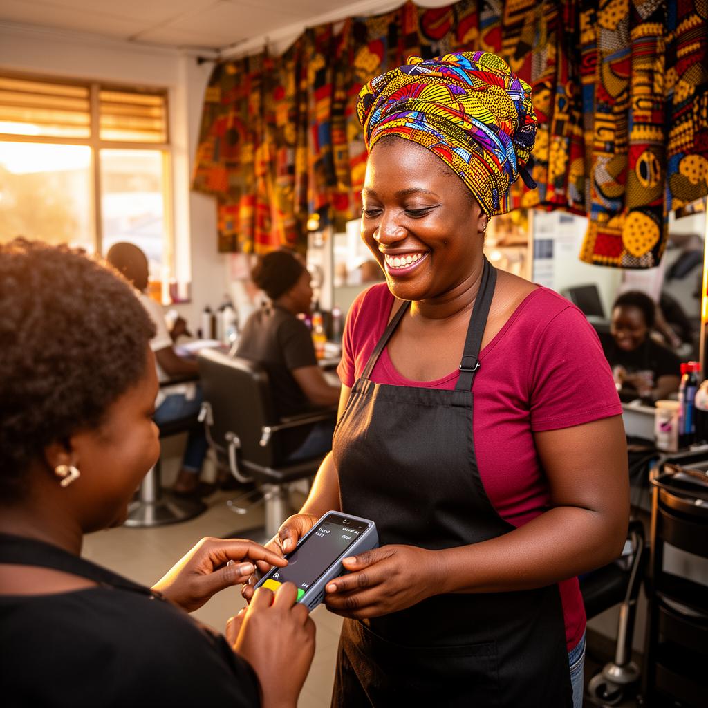 Wanjiku, a Kenyan salon owner in a colourful headwrap, smiling as a customer pays at her till